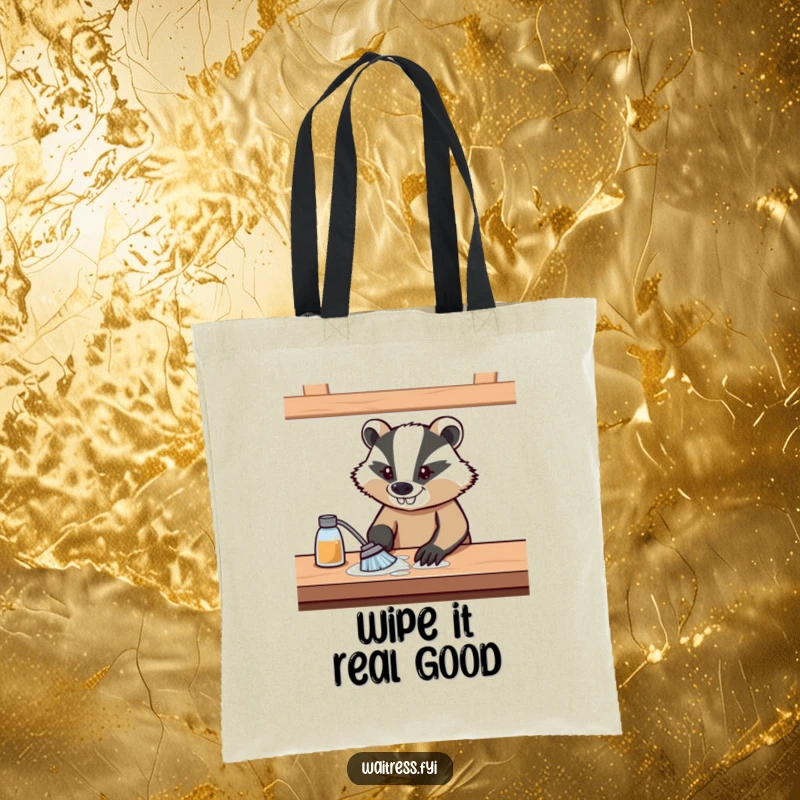 Funny tote bag showcasing a persistent badger wiping a table with a resolute grin, ready for any task.