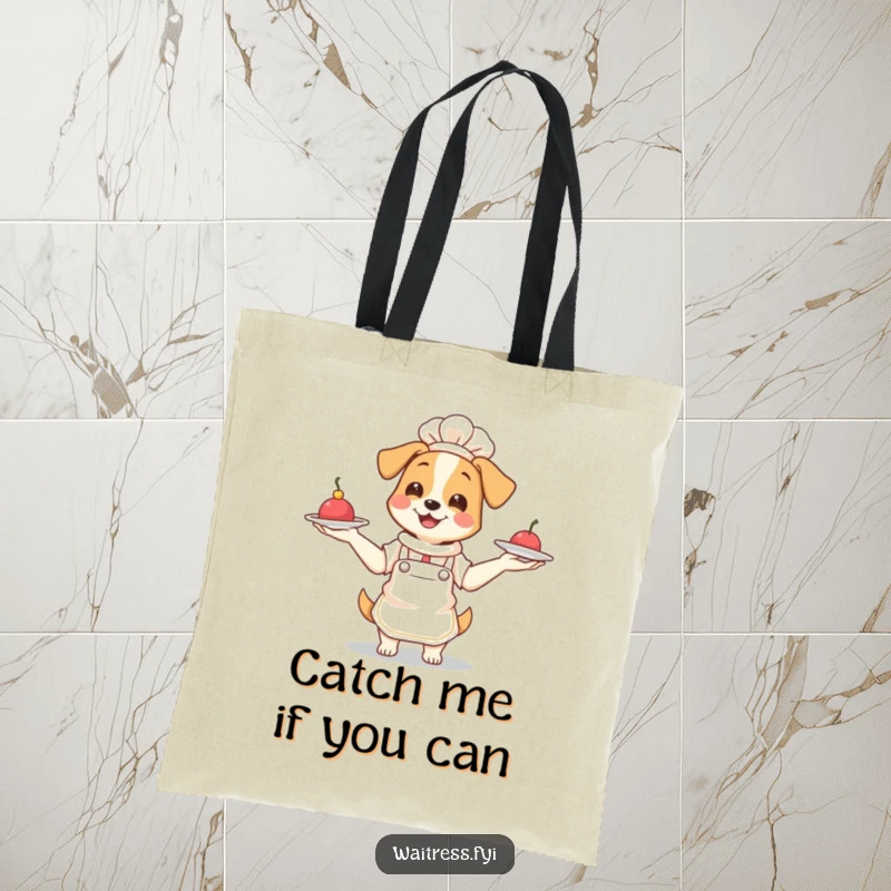 Funny Dog Waitress Tote Bag: Smiling dog waitress juggling plates, durable and humorous shopping bag.