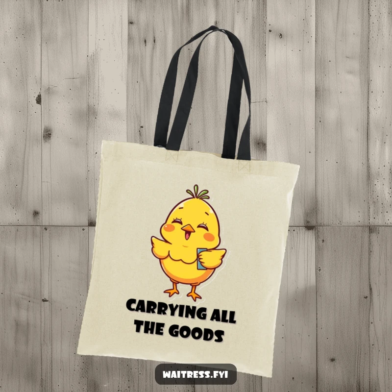 Funny yellow chick character bouncing with an order pad, radiating infectious giggles and excitement for your shopping trips.