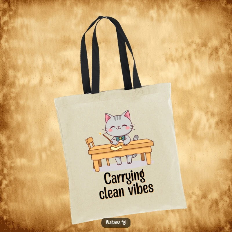 Funny grey cat character with a bow tie, smiling and wiping a table, on a tote bag, a funny useful gift.