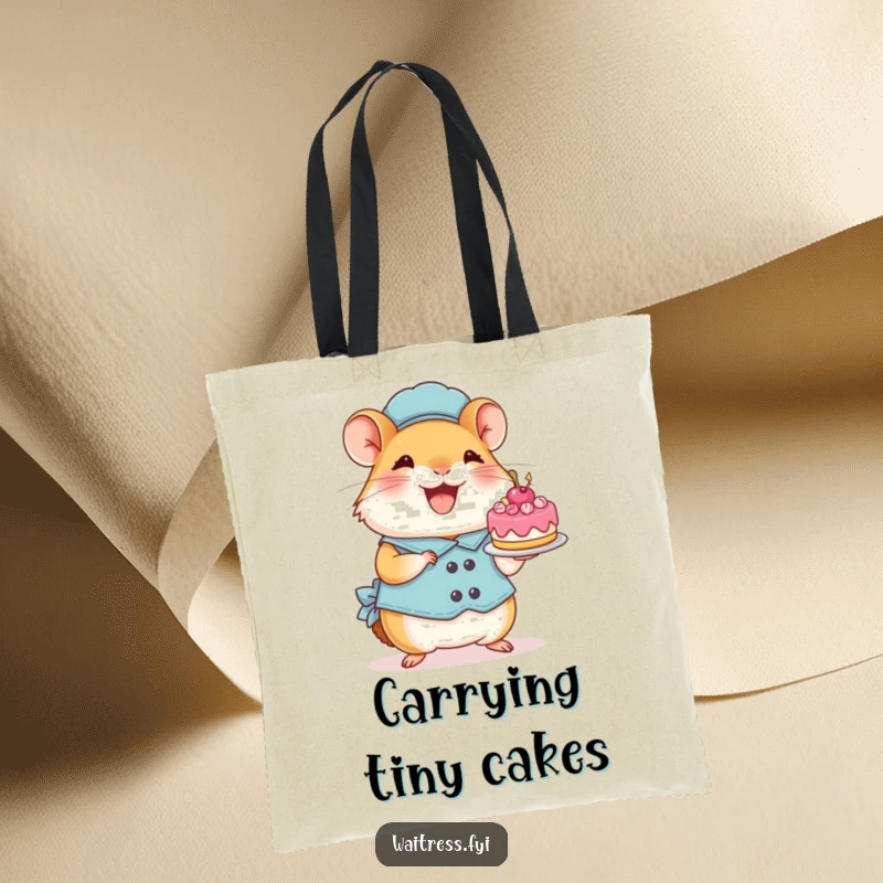 Funny Hamster Waitress Tote Bag: Features a perky hamster gleefully presenting a tiny, decorated cake, adding a touch of playful charm.