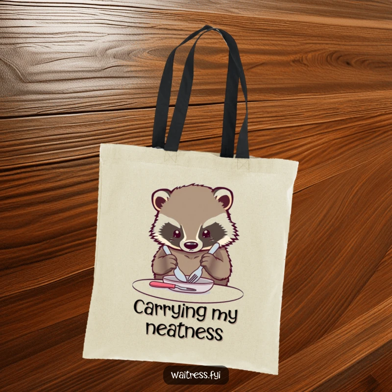 Funny Kawaii Badger Tote Bag: A cute badger is shown carefully arranging cutlery, ready for any task.