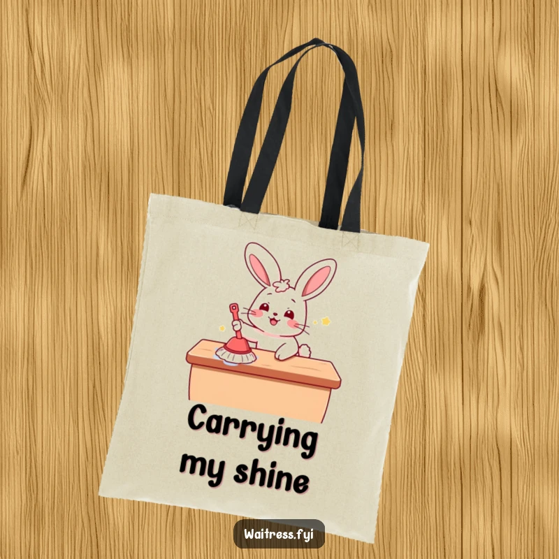 Funny Kawaii Bunny Tote Bag: A cute bunny cheerfully wiping down a table, ready to carry your essentials in style.
