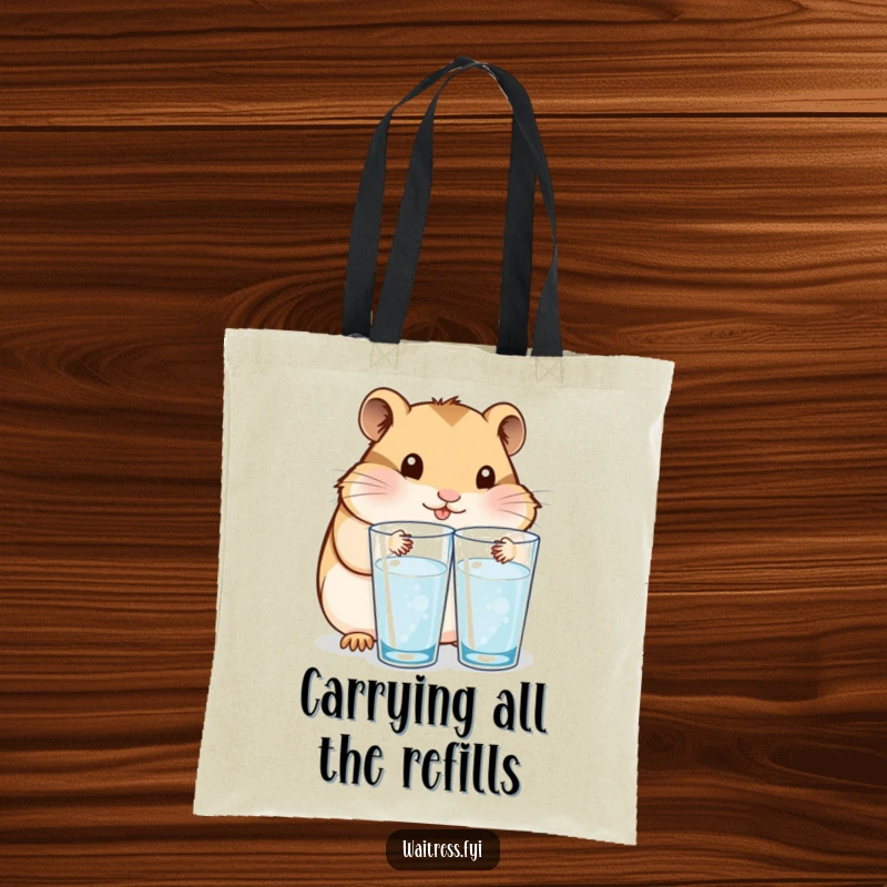 Funny tote bag with a content Kawaii hamster refilling water glasses, perfect for carrying essentials with care and cuteness.