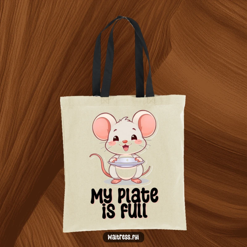 Funny Kawaii mouse tote bag with a smiling mouse presenting a plate with a flourish, great for shopping and essentials.