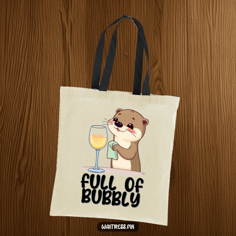 Funny Otter Bartender Tote Bag showcasing a happy otter polishing a wine glass, great for shopping and as a funny gift.