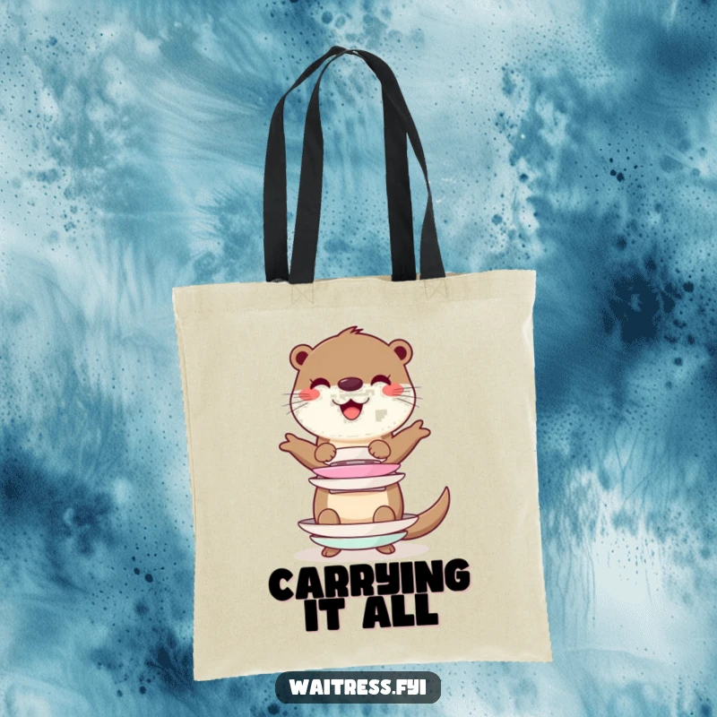 Funny cheerful otter character balancing a stack of imaginary plates on a tote bag, great for carrying daily necessities.