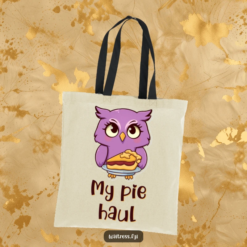 A curious purple owl character is shown serving a delicious pie on this charming and funny tote bag.