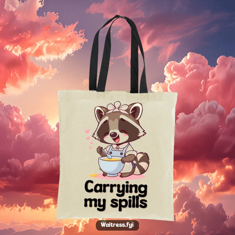 Durable funny raccoon waitress tote bag depicting a giggling raccoon spilling imaginary soup, practical and full of humor.