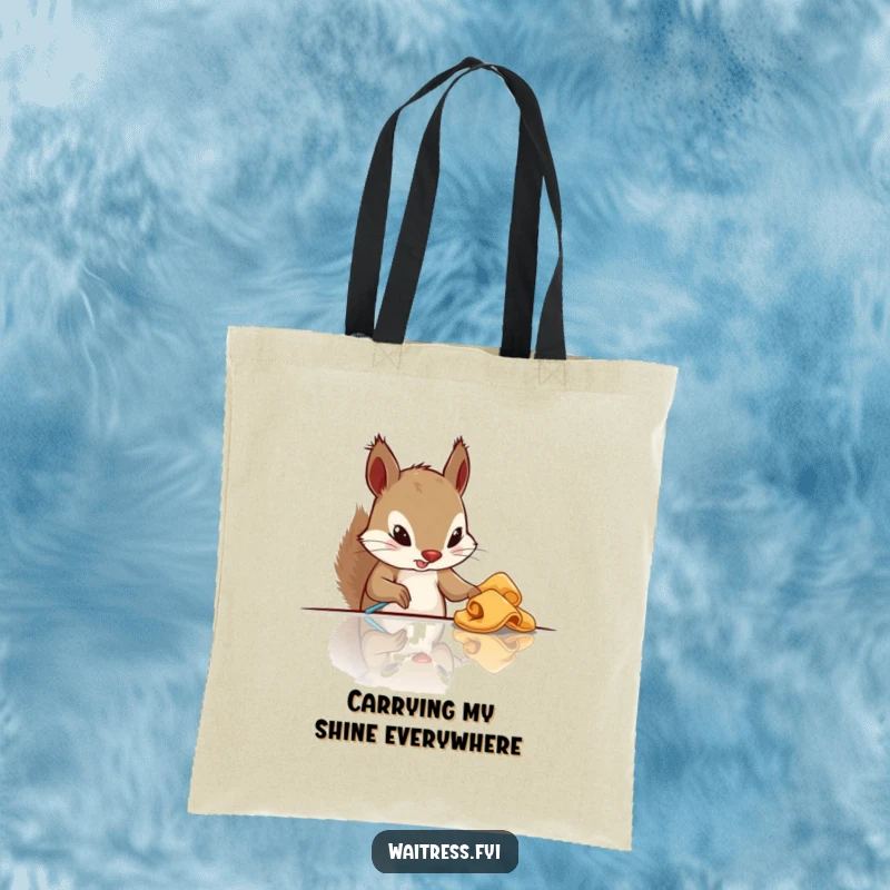 Funny squirrel tote bag with a determined squirrel wiping a table, showcasing great cleaning skills and humor.