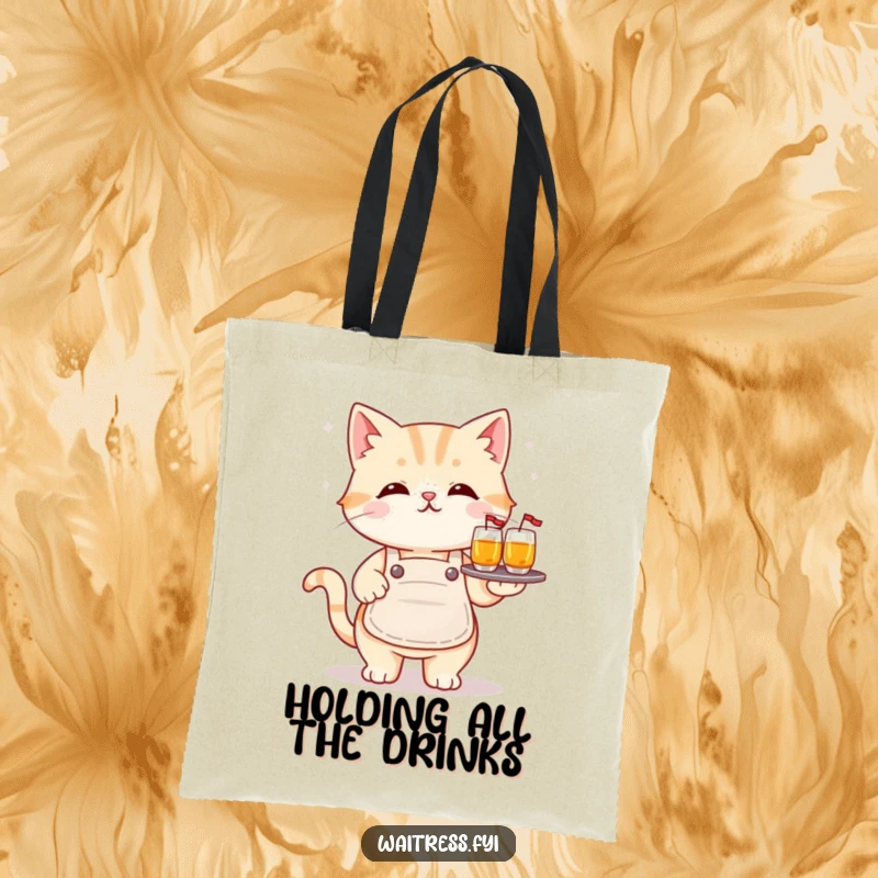 Funny kawaii cat tote bag with a cute cat in an apron balancing a tray of drinks, ideal for shopping and as a funny gift.