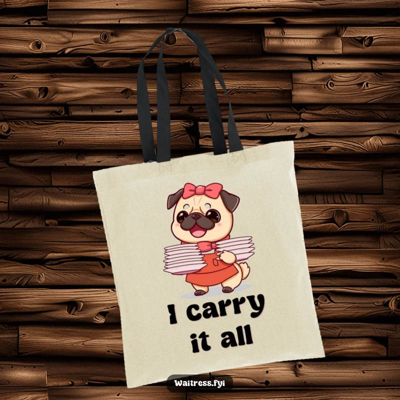 Funny Pug Waitress Tote Bag depicting a beaming pug waitress artfully balancing a stack of plates, perfect for shopping trips.