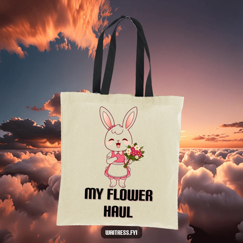Funny Bunny Waitress Tote Bag: A cheerful bunny waitress presenting a flower bouquet with a curtsey, perfect for carrying items with charm.