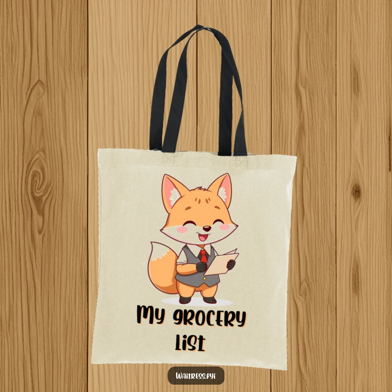 Funny fox waiter tote bag featuring a cheerful fox taking an order, perfect for shoppers who appreciate humor and efficiency.