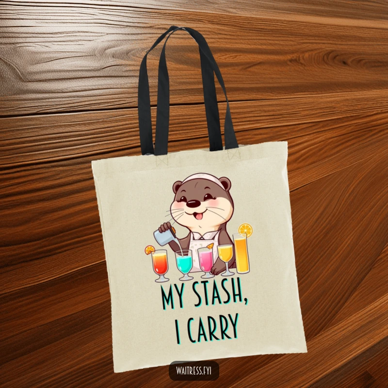Funny otter waitress tote bag featuring a smiling otter pouring colorful drinks with a flourish, perfect for carrying items with a stylish, humorous touch.