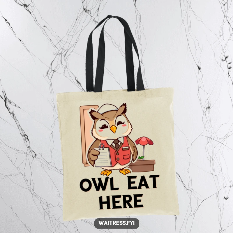 Funny owl server tote bag featuring a smiling owl in a restaurant vest with a notepad.