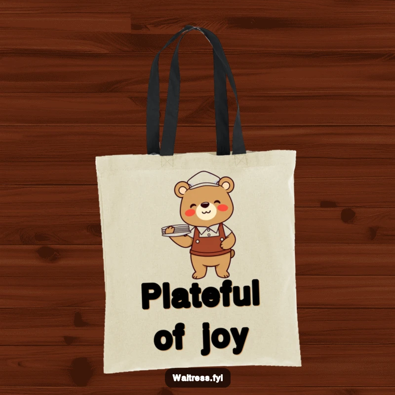 Funny bear waiter tote bag with a cheerful bear in a uniform balancing a stack of plates for shopping.