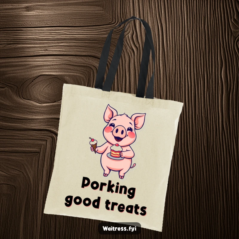 Funny pig dessert tote bag featuring a happy cartoon pig with a spoon, presenting a bowl of ice cream with a big grin.