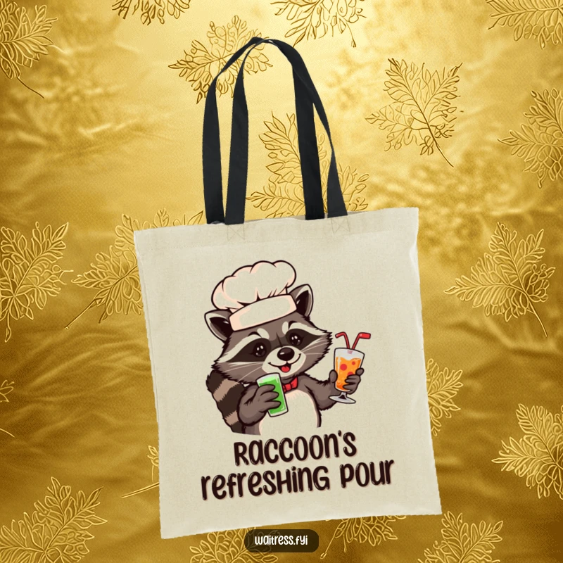 Funny raccoon chef tote bag featuring a playful raccoon in a chef hat serving drinks.