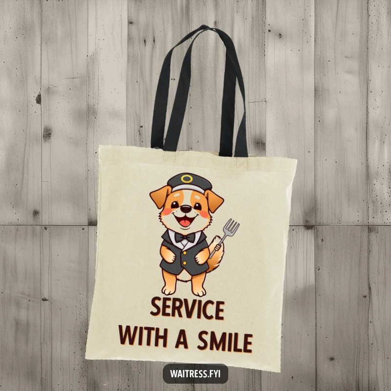 Funny dog waiter tote bag with a happy dog dressed as a waiter, tail wagging with excitement.