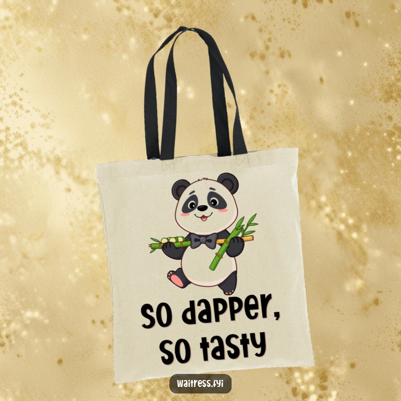 Funny Panda Bamboo Tote Bag featuring a friendly panda with a bamboo platter, designed for practical use and humorous appeal.