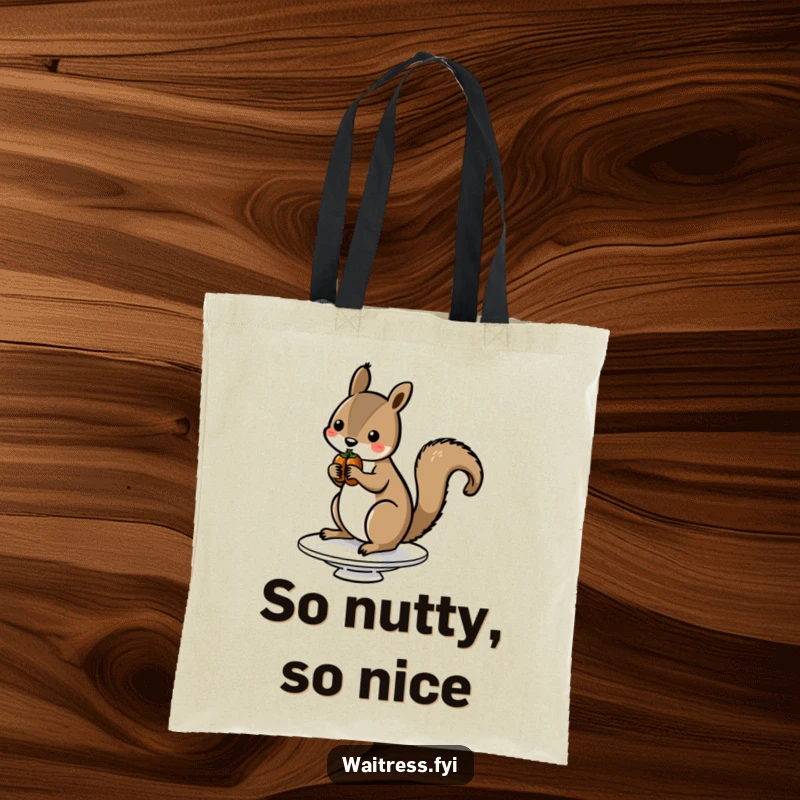 Funny Squirrel Nut Tote Bag featuring an adorable squirrel balancing nuts, designed for practical use and humorous appeal.
