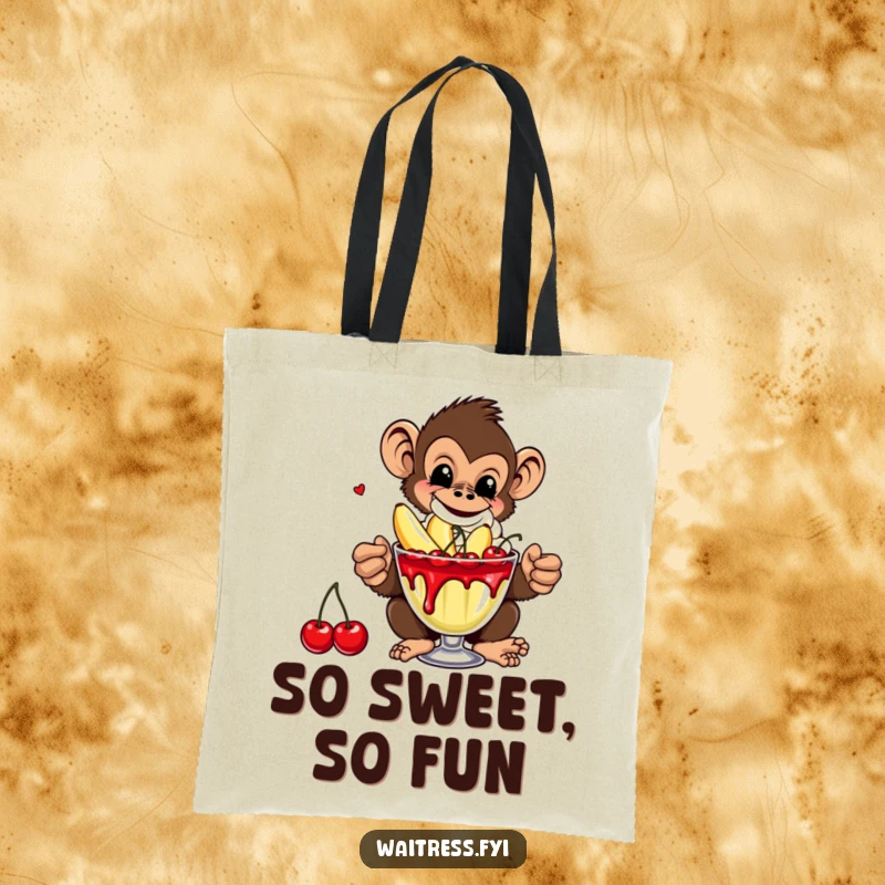 Funny Monkey Banana Tote Bag featuring a mischievous monkey with a banana split, designed for practical use and humorous appeal.