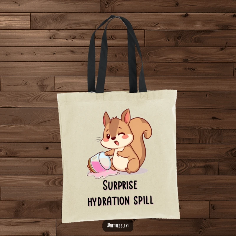 Funny tote bag with a startled squirrel spilling a drink, ideal for carrying essentials with a touch of playful chaos.