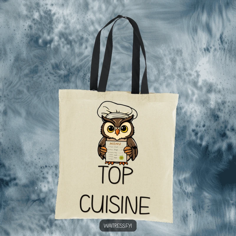Funny Owl Chef Tote Bag featuring an artistic owl in chef attire offering a glowing menu, highlighting its practical and humorous design.