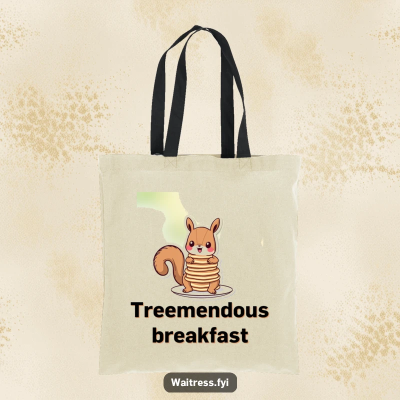 Funny squirrel pancakes tote bag featuring a cartoon squirrel attempting to balance pancakes on its head, looking quite pleased with itself.