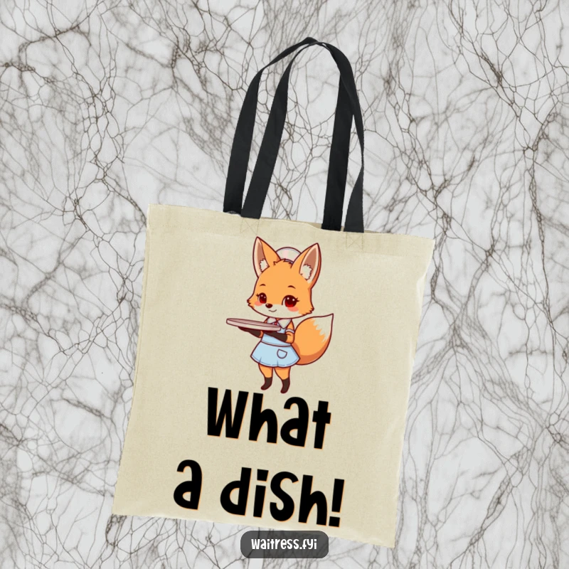 Funny fox diner tote bag showcasing a cute fox in a diner uniform carrying a serving tray.
